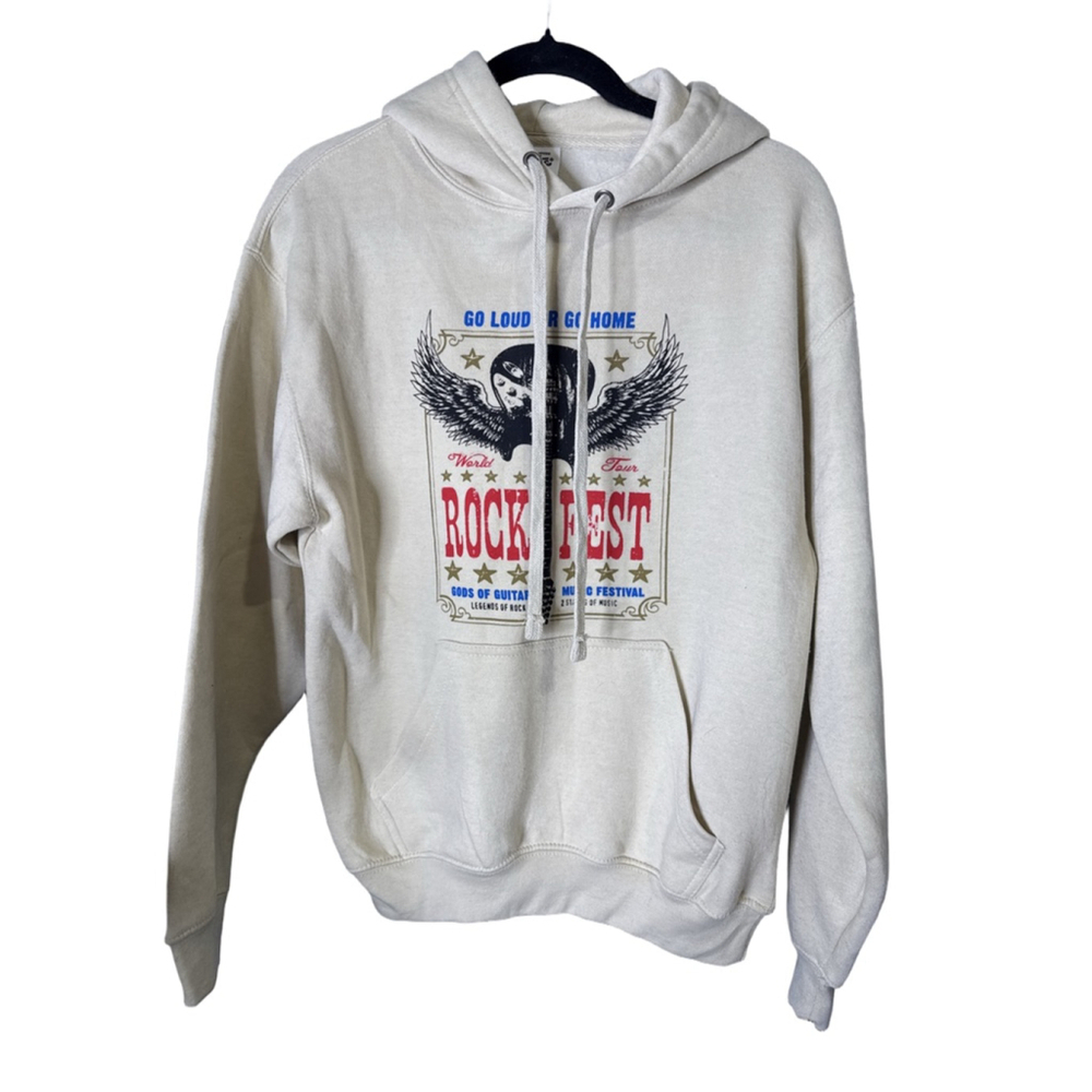Pacific & Co Rock Fest Graphic Hoodie Beige Size Small Fleece Pullover NWOT
